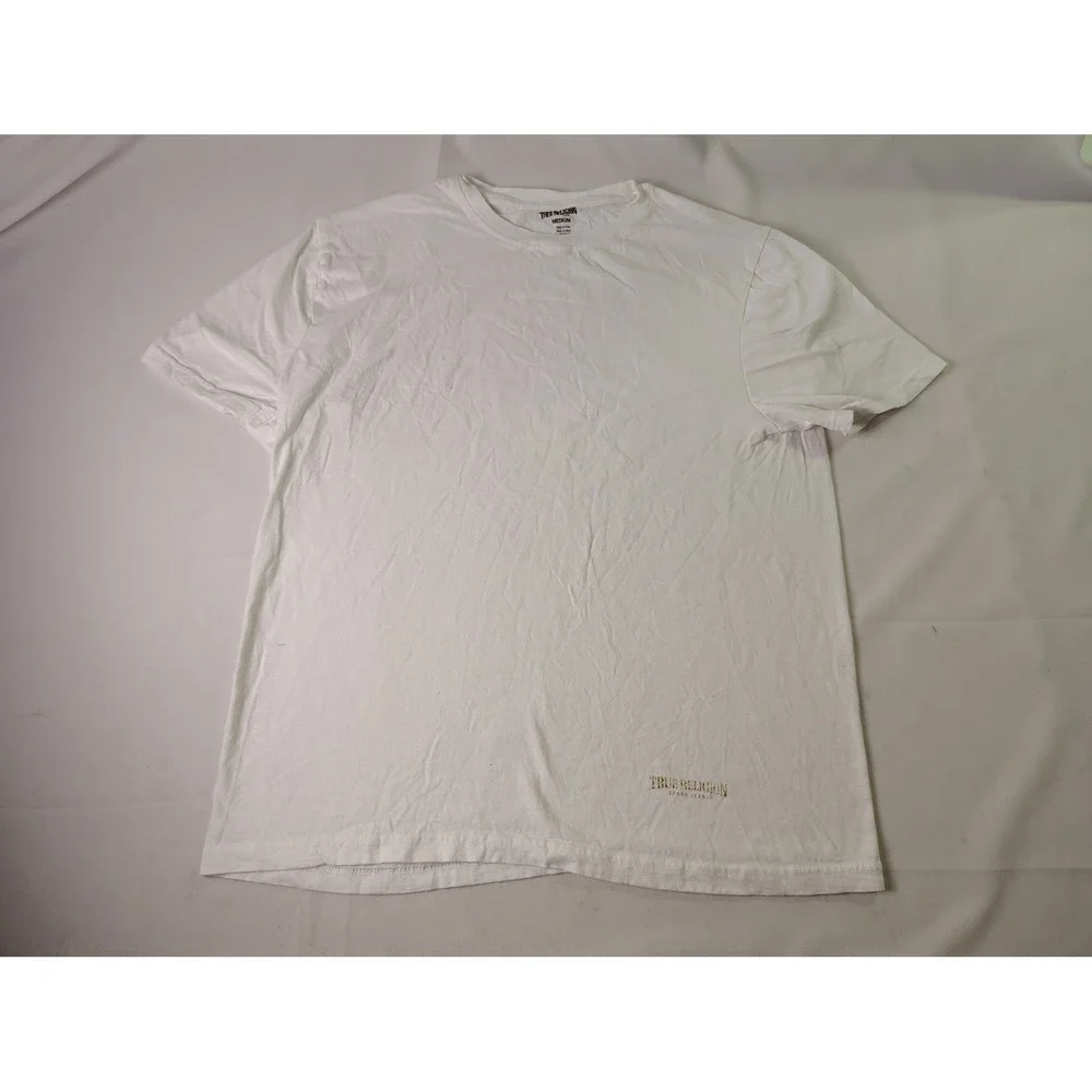True Religion Brand Jeans Mens White T Shirt Gold Foil Spellout Logo Medium M